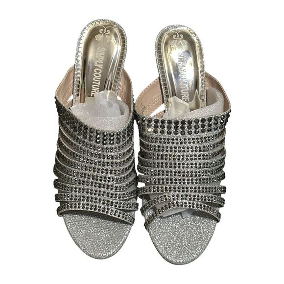 Simply Couture Rhinestone Heels Silver Open Toe Sandal Slides–Glam Party Size 11 - Picture 5 of 10